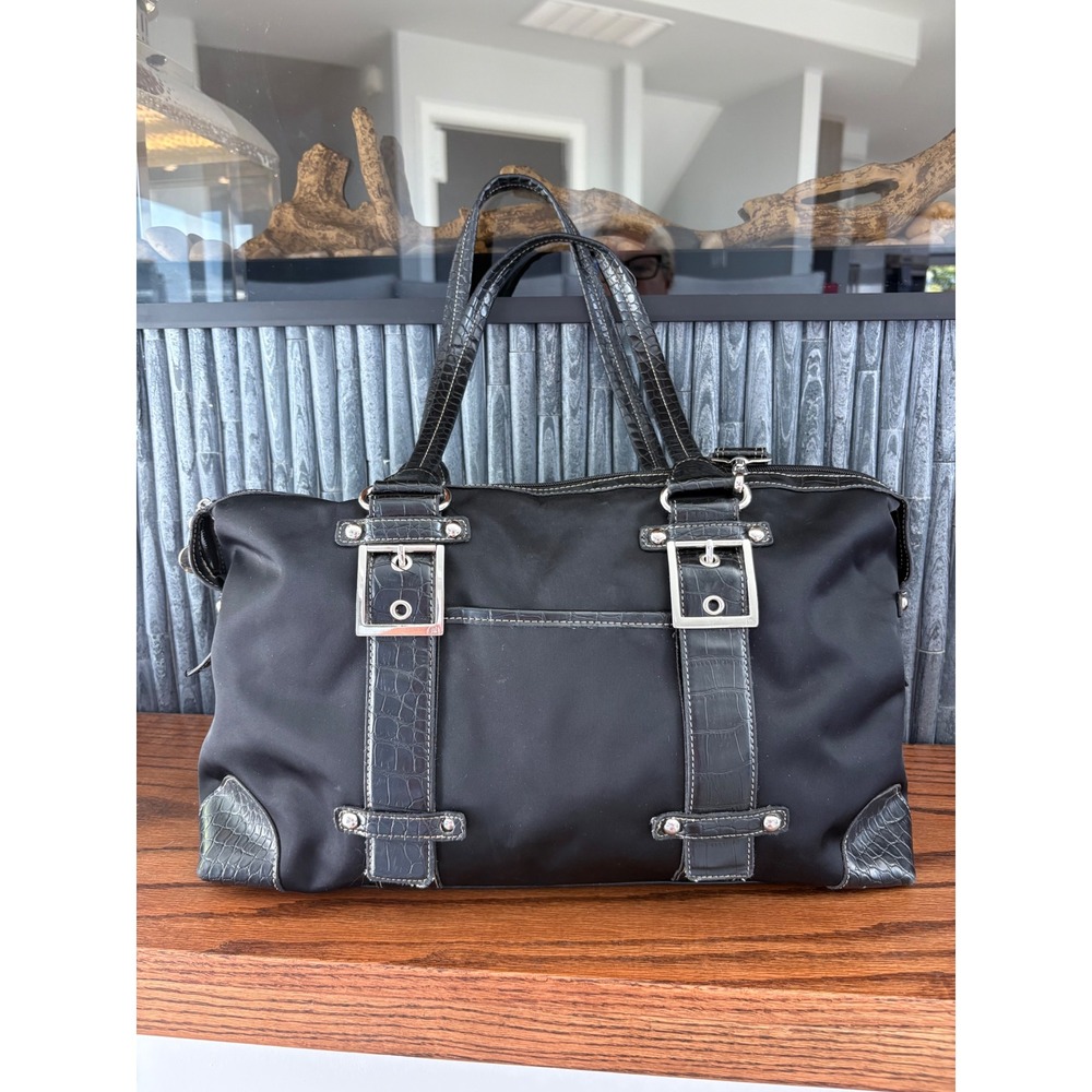 Kathy Van Zeeland 4 Poster Black Nylon Croc Embossed  Bag with Shoulder Strap